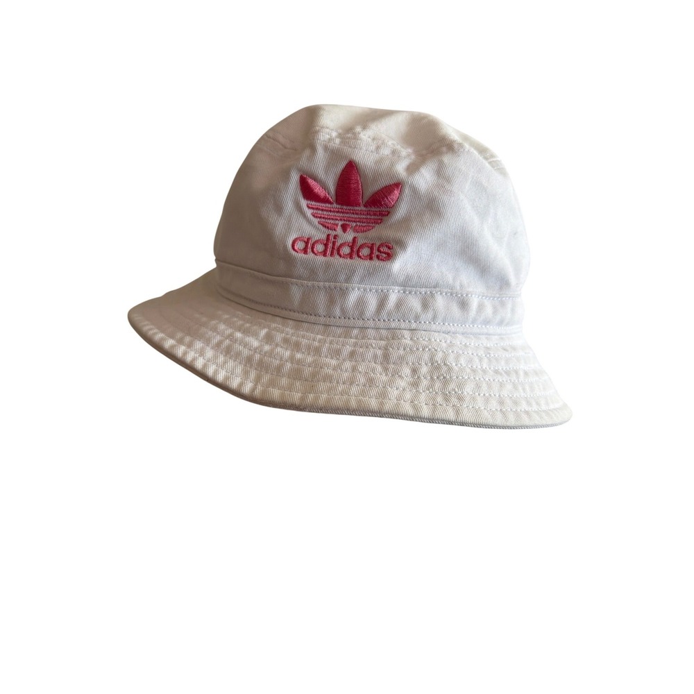 Adidas‎ Originals White Bucket Hat Pink Trefoil Logo Embroidered OSFA RN90288
